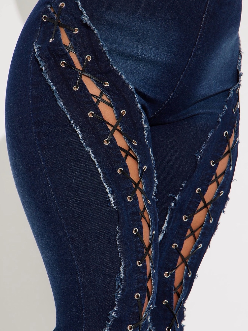 Fashion Nova Dark Blue Lace-Up Flare Jeans - Picture 3 of 3